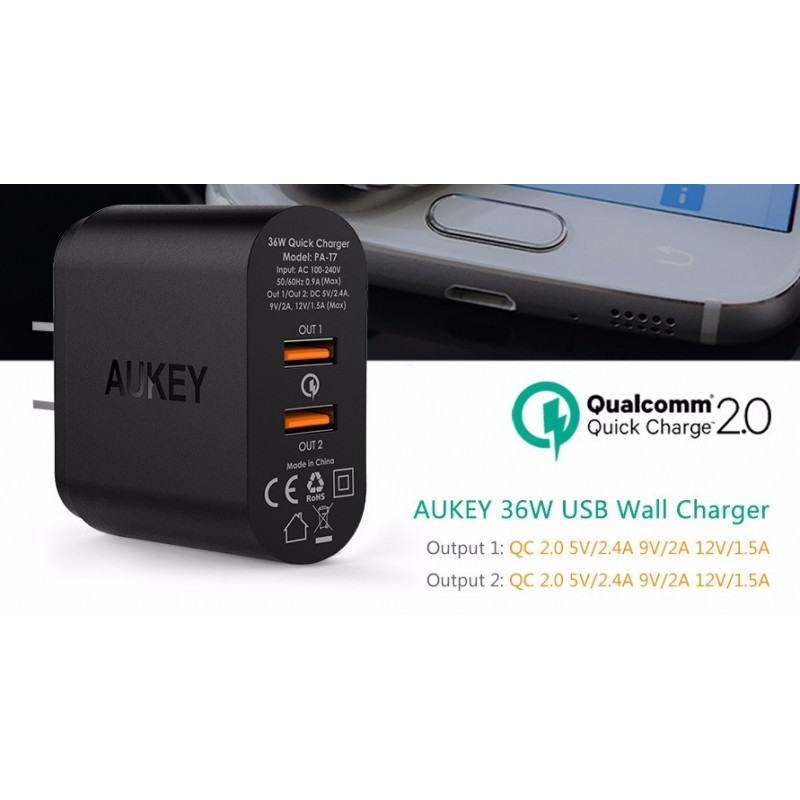 Cargador Pared Aukey Quick Charge 2.0 Doble